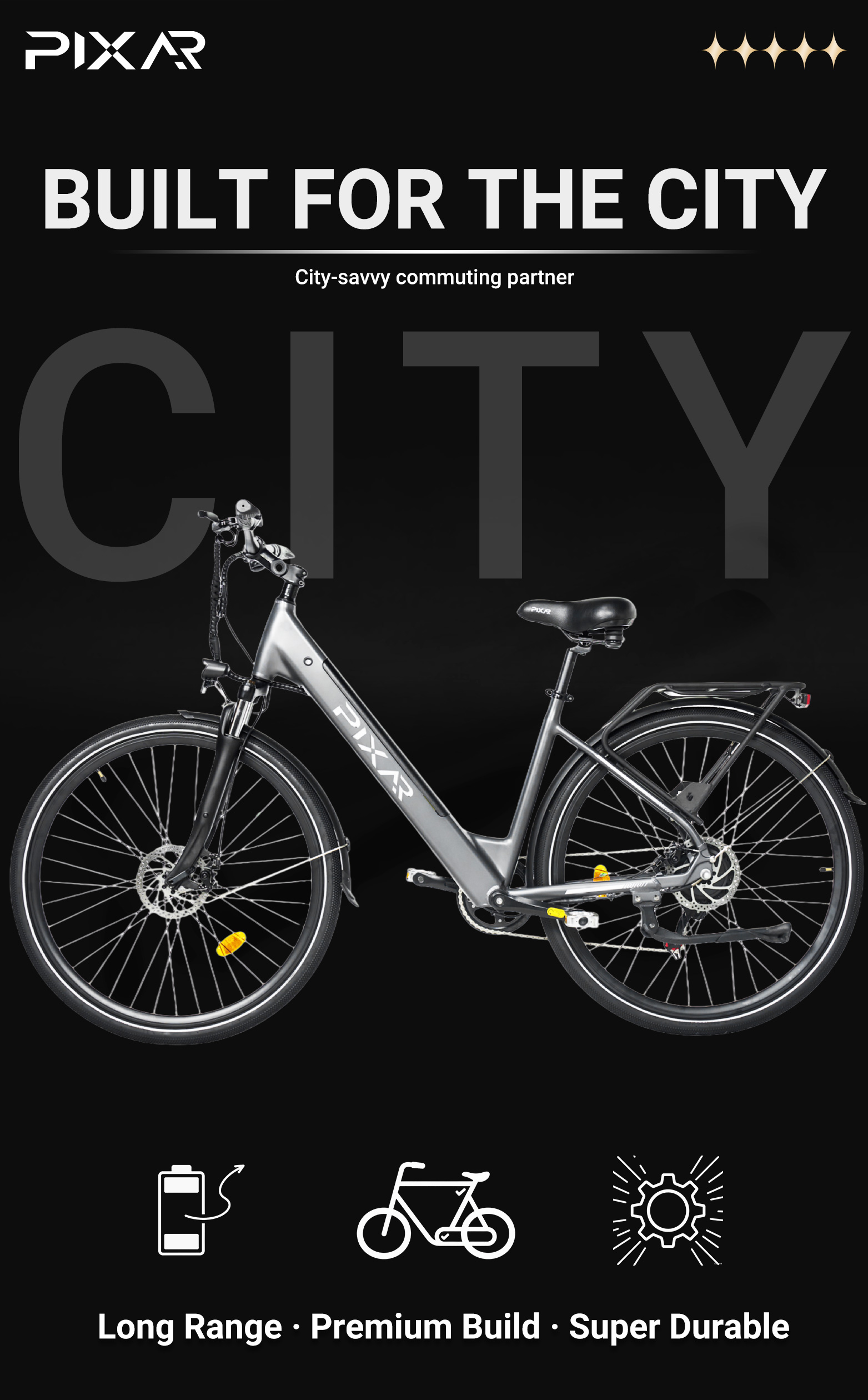 Rower elektryczny Pixar City1 | Silnik 36 V 250 W, zasięg 45 km, 7 biegów Shimano 53