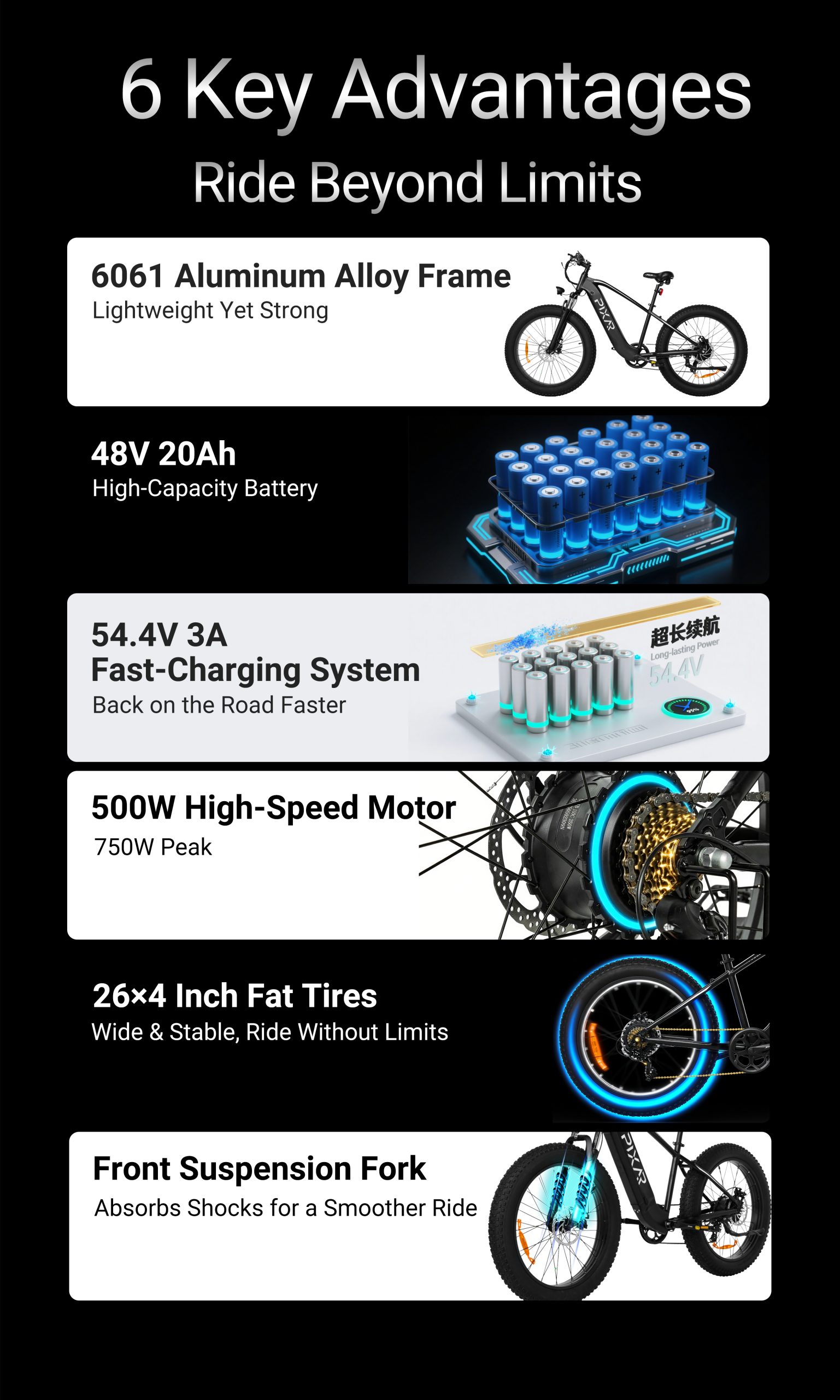 Pixar Space1 Electric Bike 48V20AH 500W | Long Range Fat Tire E-Bike 55