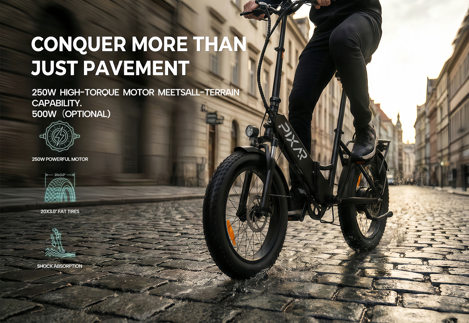 PIXAR WIND1 Faltbares Elektrofahrrad | 500W Motor, 48V 10.4Ah Batterie, 20×3" Fat Tires, Shimano 7-Gang, Doppelscheibenbremsen (bis zu 45 km Reichweite)