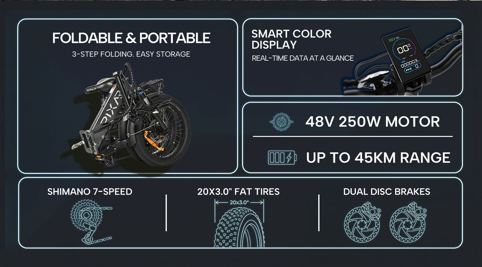 PIXAR WIND1 Faltbares Elektrofahrrad | 500W Motor, 48V 10.4Ah Batterie, 20×3" Fat Tires, Shimano 7-Gang, Doppelscheibenbremsen (bis zu 45 km Reichweite)