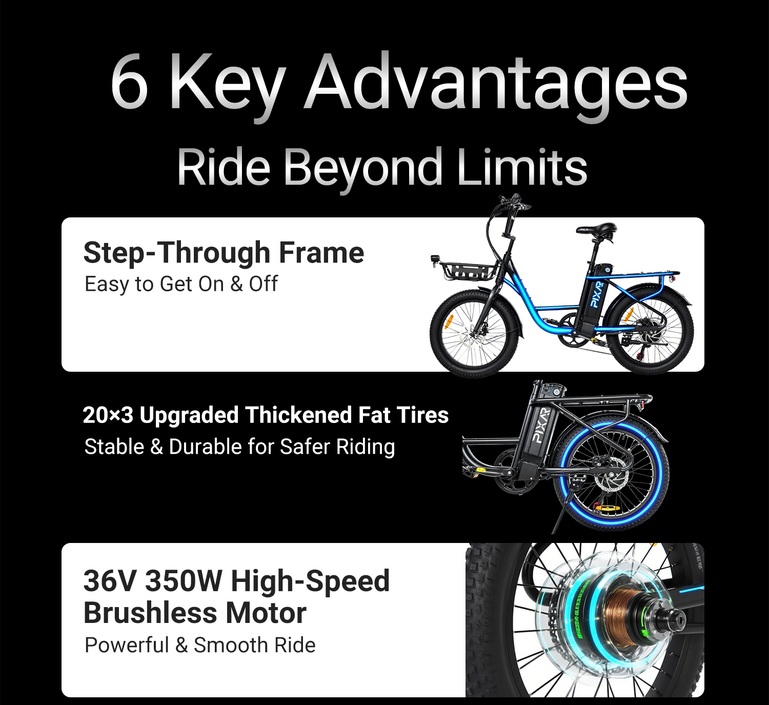 Pixar Fun1 36V 350W Vélo électrique - 25 km/h (jusqu'à 32 km/h), 45 km d'autonomie, écran LCD 55
