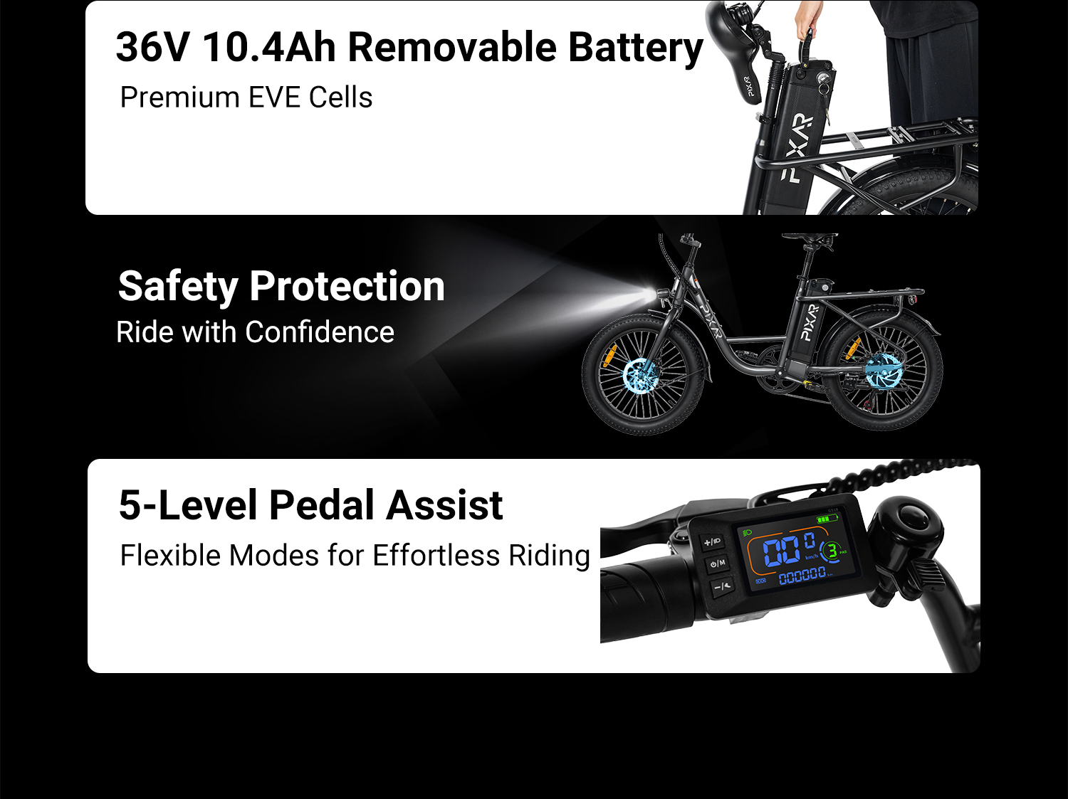 Pixar Fun1 36V 350W Vélo électrique - 25 km/h (jusqu'à 32 km/h), 45 km d'autonomie, écran LCD 57