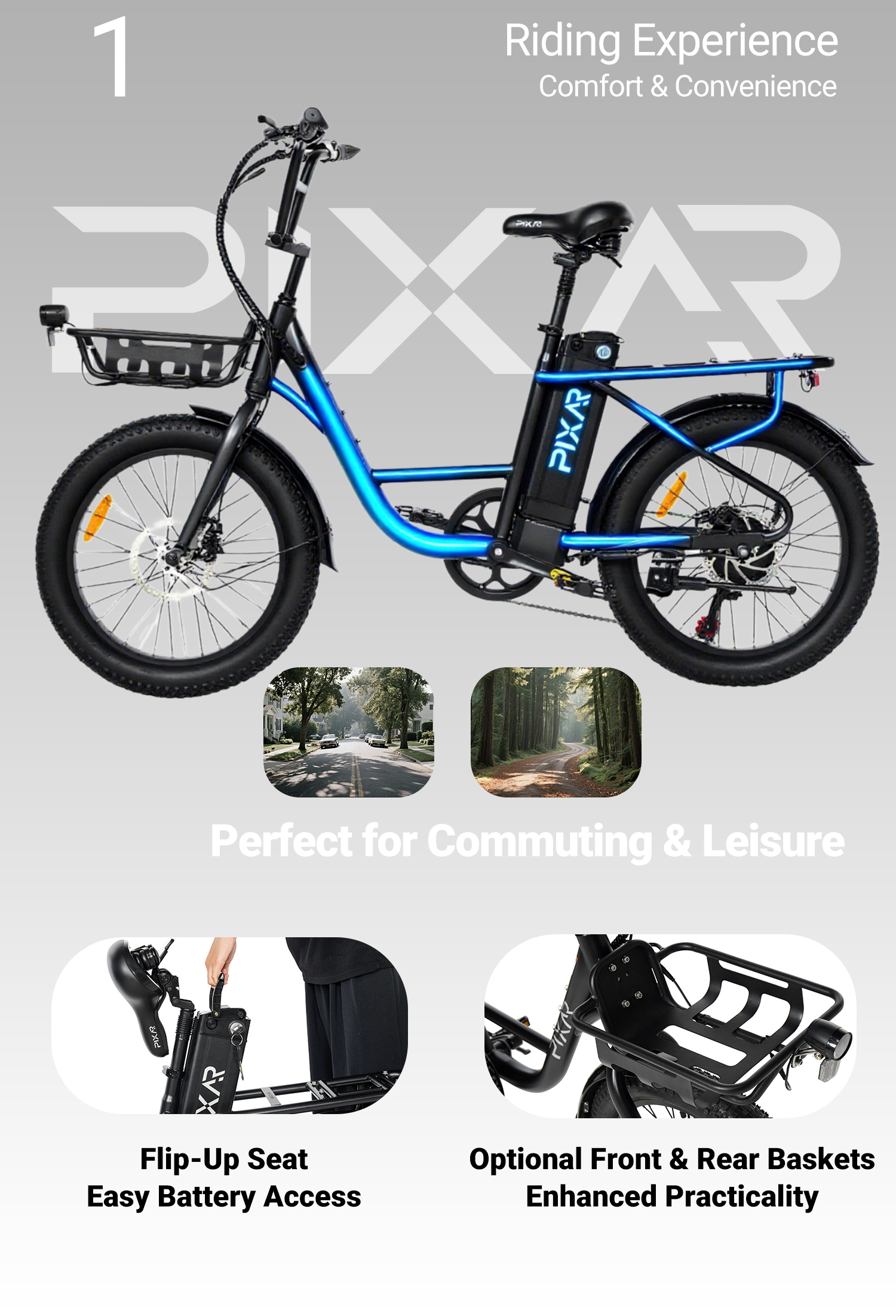Pixar Fun1 36V 350W Vélo électrique - 25 km/h (jusqu'à 32 km/h), 45 km d'autonomie, écran LCD 59